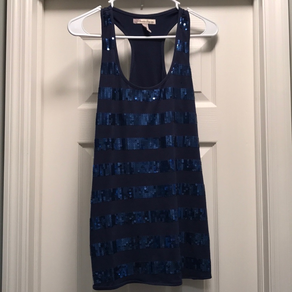 American Rag Navy Blue Sparkle Striped Tank Top Size Large Y2K Sequin Clubbing